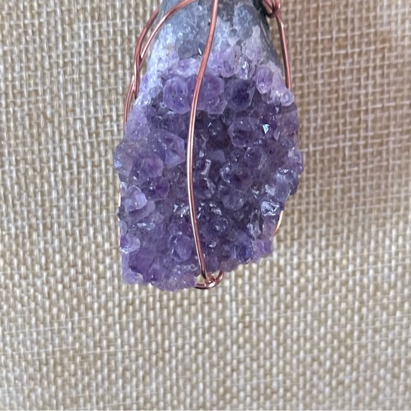 Amethyst Crystalline Wire Wrapped Stone Pendant Necklace Handmade Leather Cord - Picture 2 of 15